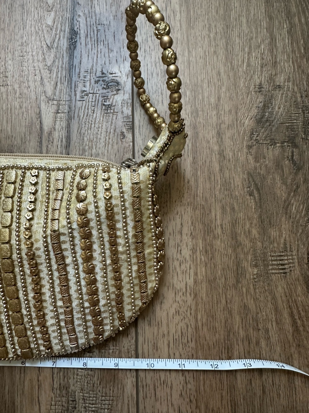 Handicraft Gold Beaded Potli Bag, Vintage Inspired Accents, Lotus Clutch, 11"x7" - Picture 12 of 15